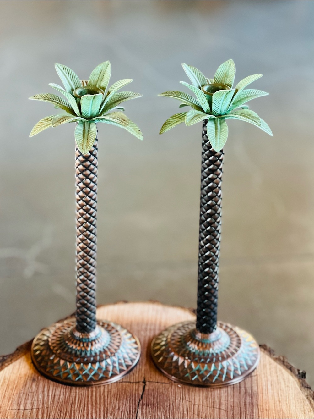Vintage Palm Tree Candle Holders Candlesticks Green and Bronze - Set of 2